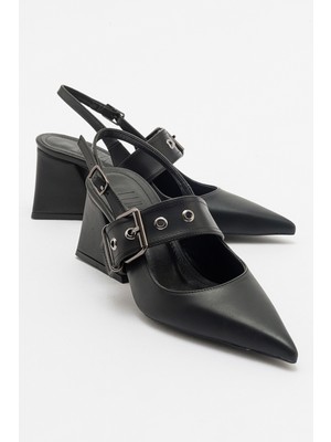 Luvi Nepido Siyah Cilt Kadın Sivri Burun Arkası Açık Kalın Topuklu Ayakkabı