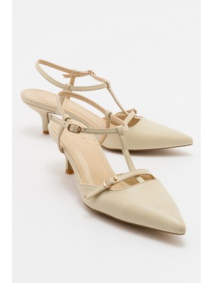 Luvi Frans Ekru Cilt Kadın Sivri Burun Arkası Açık Kısa Topuklu Ayakkabı