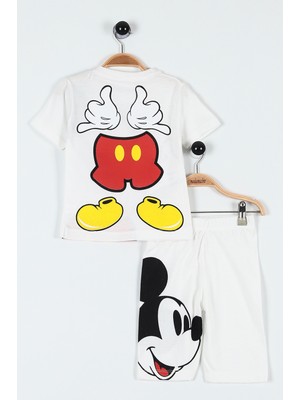 Lolli Boom Kids  Yeni Sezon Unisex Beyaz Renk Üzeri Mickey Baskılı Sırt Detaylı Tshirt Şort  Alt Üst Takım