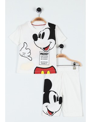 Lolli Boom Kids  Yeni Sezon Unisex Beyaz Renk Üzeri Mickey Baskılı Sırt Detaylı Tshirt Şort  Alt Üst Takım