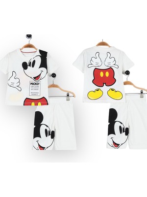 Lolli Boom Kids  Yeni Sezon Unisex Beyaz Renk Üzeri Mickey Baskılı Sırt Detaylı Tshirt Şort  Alt Üst Takım