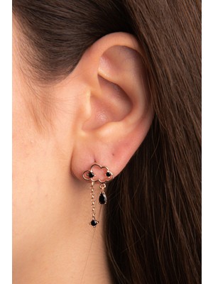 Begüm Silverr Bulut Motifli Siyah Zirkon Taşlı Rose Altın Kaplama Gümüş Küpe 925 Ayar