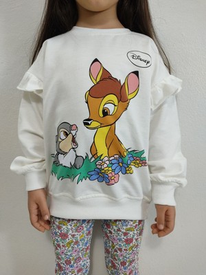 Lolli Boom Kids  Yeni Sezon Sevimli Geyik Tavşan Desenli Çiçekli Fitilli Tayt ve Sweatshirt Alt Üst Takım