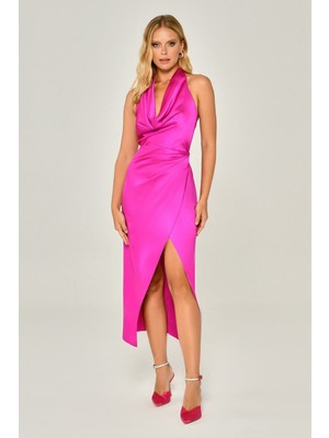 ALFABETA Kadın Boyundan Bağlamalı Degaje Yaka Saten Midi Fuşya Abiye & Mezuniyet Elbisesi AB5855-FUS