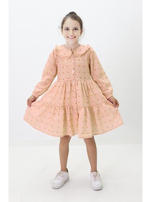 Miniğimin Cicileri Çiçek Baskılı Düğmeli Kız Çocuk Astarlı Elbise - Somon