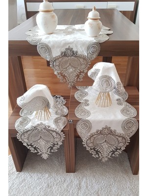 İnci Shopp Incishop Krem Kadife Üzerine Gümüş Dantelli 5 Parça Salon Takımı Masa Örtüsü Runner Seti