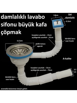 Karaaliler Çöpmak Büyük Kafa Lavabo Sifonu Gider Borusu Körüklü Taşmalıklı