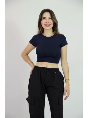 Likralı Çilek Kumaş Crop Lacivert