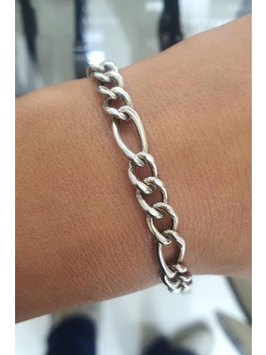 Ose Shop  Bombeli 925AYAR Gümüş Italyan Figaro Erkek Zincir Bileklik