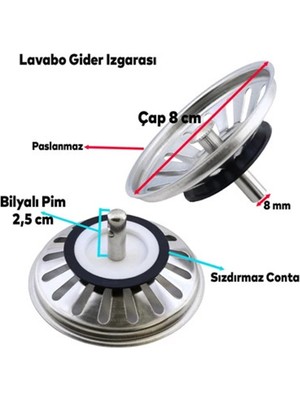 Karaaliler Çöpmak Paslanmaz Çelik Sifon Süzgeci 8 cm Lavabo Evye Süzgeci Lavabo Gider Süzgeci