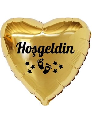 Organizasyon Pazarı 18 inç Gold Renk Bebek Ayak Figürlü Hoşgeldin Yazılı Yeni Doğan Temalı Kalp Folyo Balon