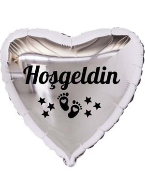 Organizasyon Pazarı 18 inç Gümüş Renk Bebek Ayak Figürlü Hoşgeldin Yazılı Yeni Doğan Temalı Kalp Folyo Balon