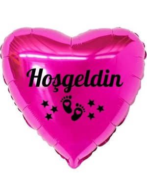 Organizasyon Pazarı 18 inç Fuşya Renk Bebek Ayak Figürlü Hoşgeldin Yazılı Yeni Doğan Temalı Kalp Folyo Balon