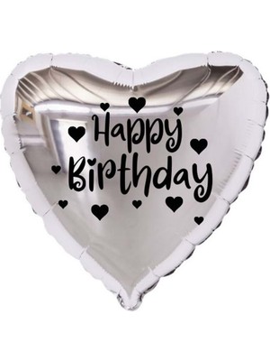 Organizasyon Pazarı 18 inç Gümüş Renk Kalp Figürlü Happy Birthday Temalı Kalp Folyo Balon