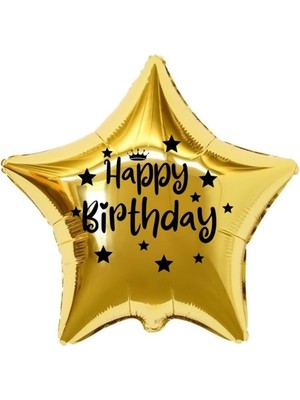 Organizasyon Pazarı 18 inç Gold Renk Taç - Yıldız Figürlü Happy Birthday Temalı Yıldız Folyo Balon