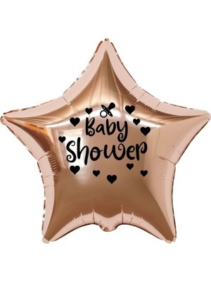 Organizasyon Pazarı 18 inç Rose Gold Renk Kalp - Emzik Figürlü Baby Shower Temalı Yıldız Folyo Balon