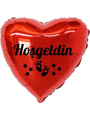 Organizasyon Pazarı 18 inç Kırmızı Renk Bebek Ayak Figürlü Hoşgeldin Yazılı Yeni Doğan Temalı Kalp Folyo Balon