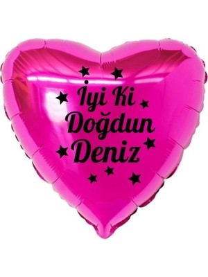Organizasyon Pazarı 18 inç Fuşya Renk Kişiye Özel İyi ki Doğdun Yazılı Yıldız Figürlü Kalp Folyo Balon