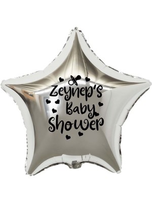 Organizasyon Pazarı 18 inç Gümüş Renk Kişiye Özel Baby Showers Yazılı Emzik-Kalp Figürlü Yıldız Folyo Balon