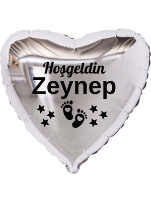 Organizasyon Pazarı 18 inç Gümüş Renk Yeni Doğan Kişiye Özel Hoşgeldin Bebek Yazılı Ayak Figürlü Kalp Folyo Balon