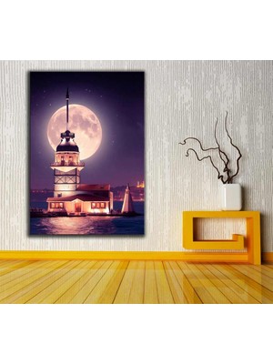 Caddeko Kız Kulesi Kulesi ve Dolunay'da Istanbul Fantastik Masalsı Gece Kanvas Tablo DKMR287