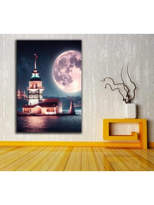 Caddeko Kız Kulesi Kulesi ve Dolunay'da Istanbul Fantastik Masalsı Gece Kanvas Tablo DKMR288