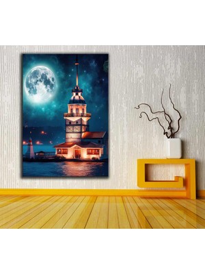 Caddeko Kız Kulesi Kulesi ve Dolunay'da Istanbul Fantastik Masalsı Gece Kanvas Tablo DKMR289