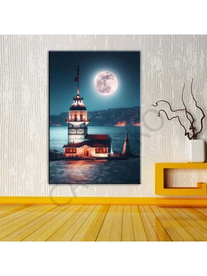 Caddeko Istabul Kızkulesi Dolunay Fantastik Gece 3 Dekoratif Kanvas Tablo DKMR476