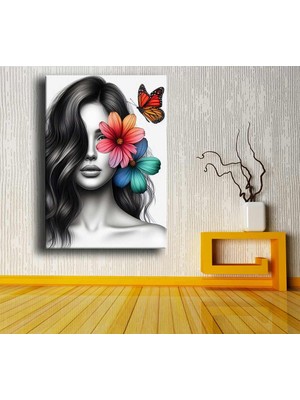 Caddeko Çiçek Başlı Kız Dekoratif Kanvas Tablo DKMR300
