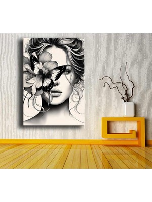 Caddeko Çiçek Başlı Kız Dekoratif Kanvas Tablo DKMR299