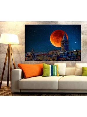 Caddeko Istanbul Galata Kulesi Gece ve Dolunay Kanvas Tablo DKM131