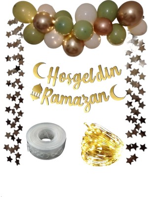 Azebu Hoşgeldin Ramazan Gold Yazı Ledli Zincir Balon Seti 11 Ayın Sultanı Ramazan Bayramı Oda Süsleme Seti