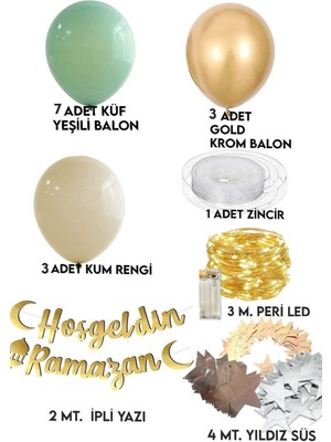 Azebu Hoşgeldin Ramazan Gold Yazı Ledli Zincir Balon Seti 11 Ayın Sultanı Ramazan Bayramı Oda Süsleme Seti