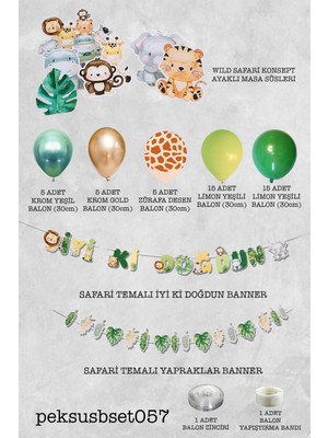 Pekshop Safari Doğum Günü Parti Paketi Yeşil Gold Balon Zinciri Safari Ayaklı Pano ve Banner Set