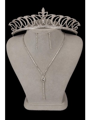 Rio Şık Kristal Taşlı Abiye Kolye Küpe Seti Ve Lale Gelin Tacı