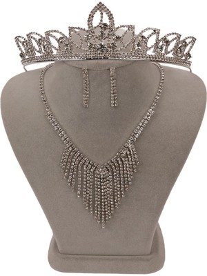 Hayalperest Boncuk Mia Taşlı Sallantılı Abiye Kolye Küpe Seti ve Yaprak Gelin Tacı