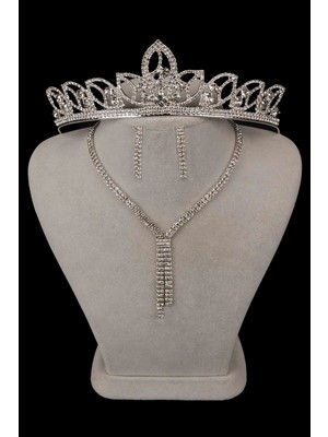 Hayalperest Boncuk Giba Su Yolu Kristal Taşlı Abiye Kolye Küpe Seti ve Yaprak Gelin Tacı