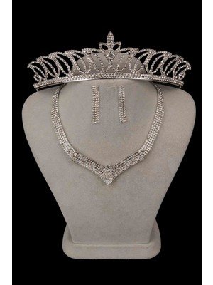 Hayalperest Boncuk Vera Kristal Taşlı Abiye Kolye Küpe Seti ve Lale Gelin Tacı