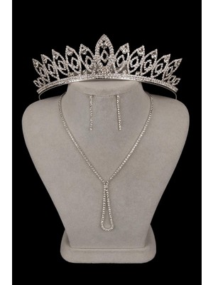 Lade Şık Kristal Taşlı Abiye Kolye Küpe Seti Ve İnce Yaprak Gelin Tacı