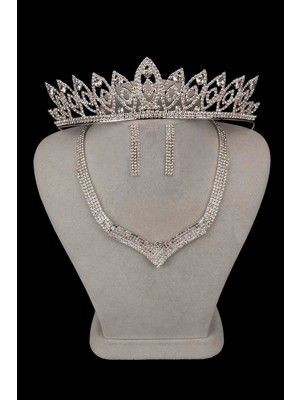 Hayalperest Boncuk Vera Kristal Taşlı Abiye Kolye Küpe Seti ve Ince Yaprak Gelin Tacı