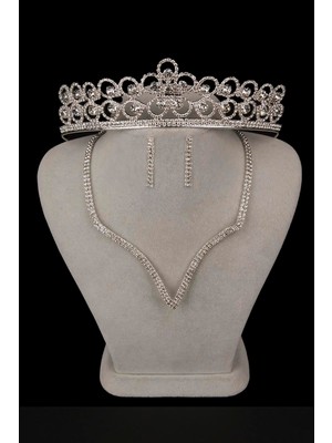 Hayalperest Boncuk Vendi Kristal Taşlı Abiye Kolye Küpe Seti ve Çiçek Gelin Tacı