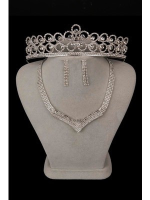 Hayalperest Boncuk Vera Kristal Taşlı Abiye Kolye Küpe Seti ve Çiçek Gelin Tacı