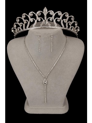 Rio Şık Kristal Taşlı Abiye Kolye Küpe Seti Ve Gül Gelin Tacı