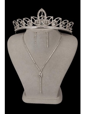 Rio Şık Kristal Taşlı Abiye Kolye Küpe Seti Ve Yaprak Gelin Tacı