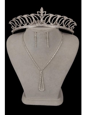 Lade Şık Kristal Taşlı Abiye Kolye Küpe Seti Ve Lale Gelin Tacı