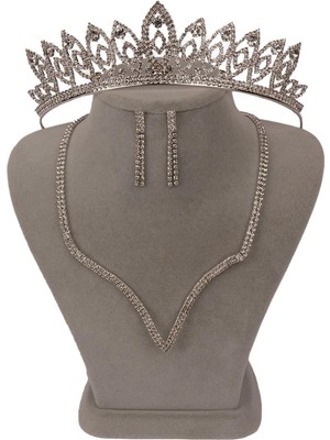 Hayalperest Boncuk Vendi Kristal Taşlı Abiye Kolye Küpe Seti ve Ince Yaprak Gelin Tacı