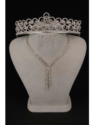 Hayalperest Boncuk Giba Su Yolu Kristal Taşlı Abiye Kolye Küpe Seti ve Çiçek Gelin Tacı