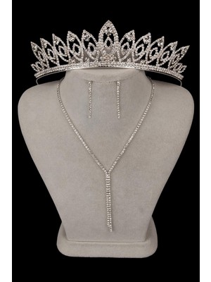 Hayalperest Boncuk Zarif Su Yolu Kristal Taşlı Abiye Kolye Küpe Seti ve Ince Yaprak Gelin Tacı