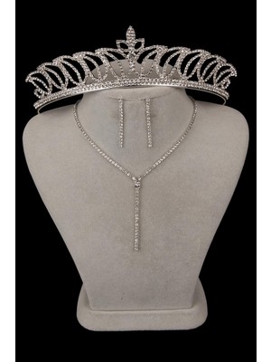 Damla Şık Kristal Taşlı Abiye Kolye Küpe Seti Ve Lale Gelin Tacı