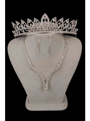 Hayalperest Boncuk Hira Kristal Taşlı Abiye Kolye Küpe Seti ve Ince Yaprak Gelin Tacı